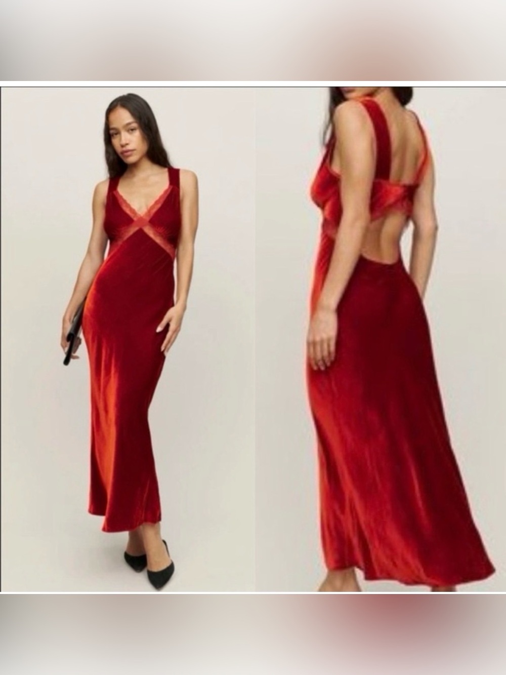 Reformation rust velvet and lace gown